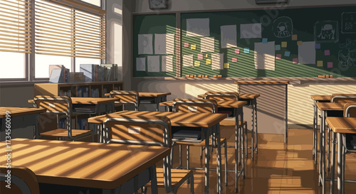 Vector illustration of an empty classroom with wooden desks and chairs bathed in sunlight streaming through the window