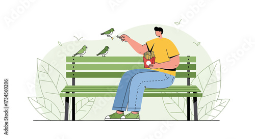 A charming vector illustration of a man feeding fries to birds in a park, evoking a sense of peace