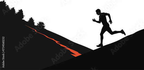 Silhouette of a runner on a hill with orange trail runner, running, silhouette, hill, sport, lifestyle, orange, movement, running, background, transparent, exercise, focus, background., illustration, 