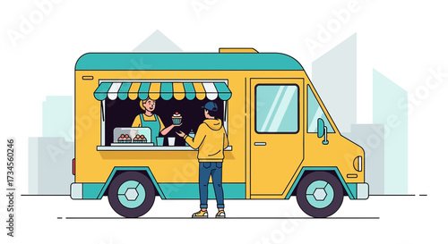 A cheerful food truck serving a customer with a cupcake in an urban setting illustration