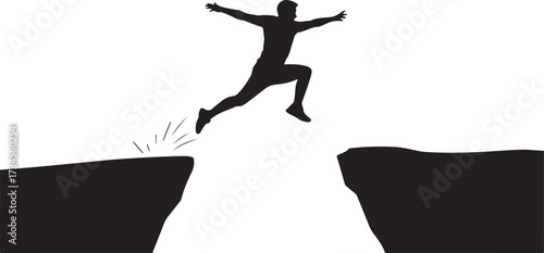 Black silhouette of a person jumping across a gap between two dark cliffs against a white background
