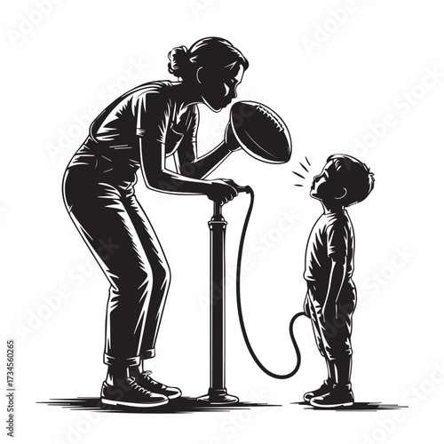 Vector art of mother inflating a ball for her son with a pump