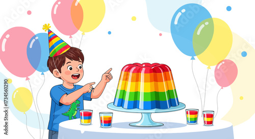 A cheerful boy wearing a party hat pointing at a colorful rainbow gelatin dessert surrounded by