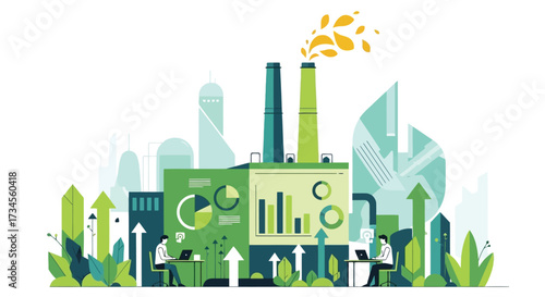 Vector illustration of green factory with charts and upward arrows, symbolizing growth and sustainability in industry, with people working on laptops