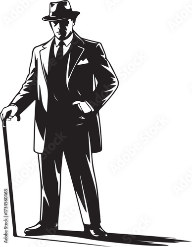 Black and white illustration of a man in a fedora and suit holding a cane male person 1
