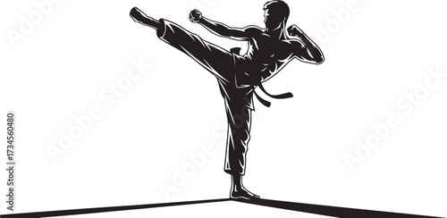 Black silhouette of a martial artist performing a high kick with a clenched fist martial arts black and white