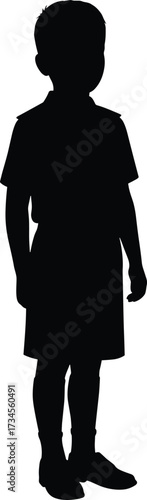 Silhouette of a young boy standing and looking forward, isolated on a white background, boy, silhouette, child, isolated, standing, innocent, individual, attire, adolescent, profile, birth, magnifying