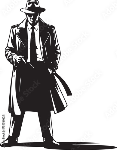 Black and white illustration of a man in a trench coat and fedora holding a cigarette male detective 1