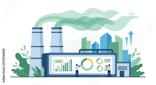 Vector illustration of industrial factory with smokestacks emitting green smoke, with a large screen displaying charts and graphs