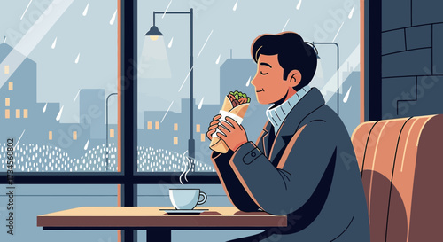 A moment of delight man enjoying wrap and coffee in cozy cafe on rainy day city backdrop creating