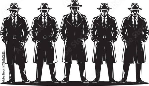 Five black silhouette men wearing fedora hats and trench coats standing in a line black and white