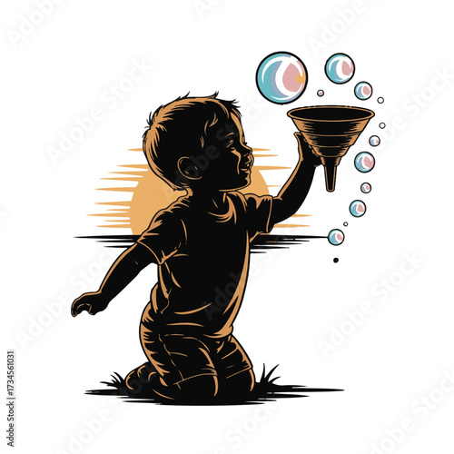 Vector art of silhouette of a child playing with a funnel and bubbles at sunset