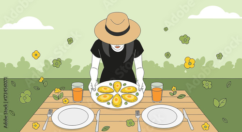 A serene outdoor picnic illustration featuring a woman serving a plate of delectable food amid