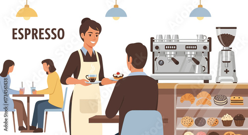 A vibrant illustration capturing the bustling atmosphere of a modern coffee shop scene filled with