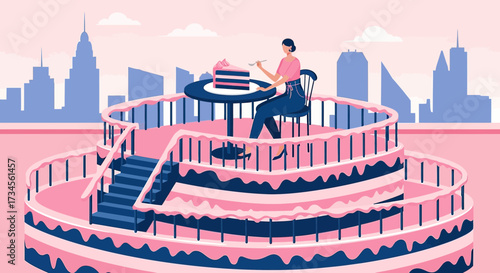 A sweet escape illustration of a woman on a giant cake overlooking the cityscape dreaming