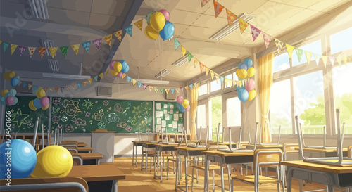 Vector illustration of empty classroom decorated with colorful balloons and festive banners, with sunlight streaming through the windows, showing desks and a chalkboard