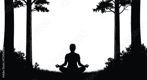 Silhouette of person meditating in forest clearing, silhouette, meditation, yoga, person, woman, man, female, male, sitting, lotus position, trees, forest, nature, outdoors, grass, plants, leaves, bra