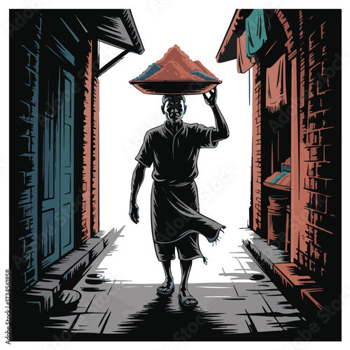 Vector art of silhouette of a man carrying a large conical basket of goods on his head, walking down a narrow street between buildings in a market or village