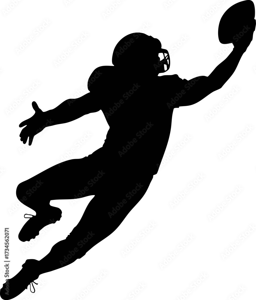Naklejka premium Silhouette of a American football player jumping high catching ball