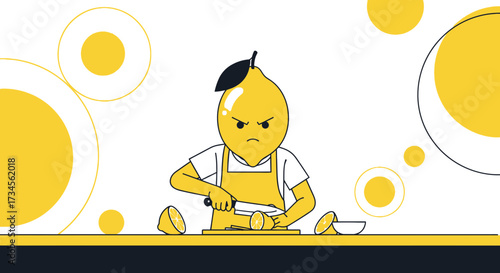 Angry lemon chef slicing lemons with a knife in a modern kitchen illustration