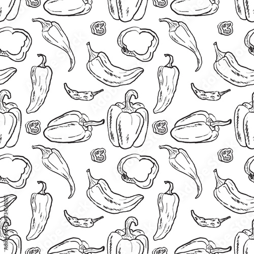 Hand drawn pepper seamless pattern with whole and sliced hot chili pepper in brush stroke texture on white. Vector sketch illustration in vintage charcoal ink. Perfect for kitchen textile