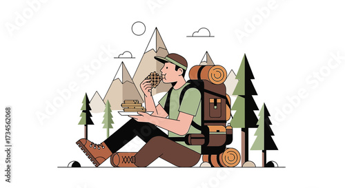 Animated illustration of a backpacker eating waffles in the wilderness with mountain view