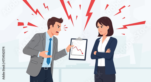 Vector illustration of angry businessman showing a downward trending graph to a frustrated businesswoman in an office setting, symbolizing business conflict and financial loss