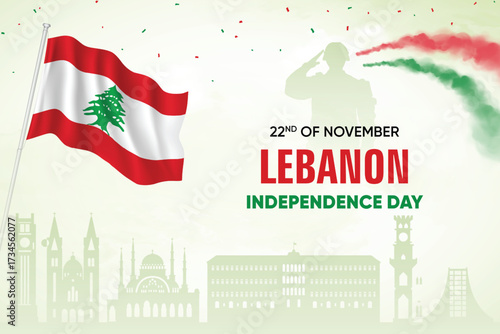 Lebanon Flag Waving With Army Soldier and Air Show On Skyline Background. Independence Day Concept Design Vector Illustration.