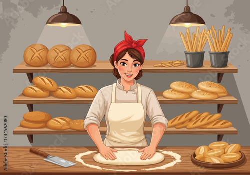 Vector illustration of a smiling female baker wearing a red bandana and apron kneads dough on a wooden table surrounded by freshly baked bread and pastries in a warm bakery