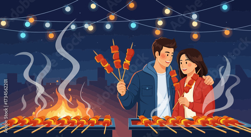 Animated couple enjoys grilled meat skewers at a vibrant night market with city backdrop creates