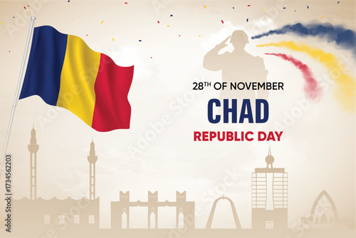 Chad Flag Waving With Army Soldier and Air Show On Skyline Background. Republic Day Concept Design Vector Illustration.