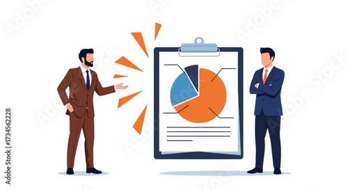 Vector illustration of two businessmen discussing a pie chart on a clipboard, representing business strategy and financial analysis