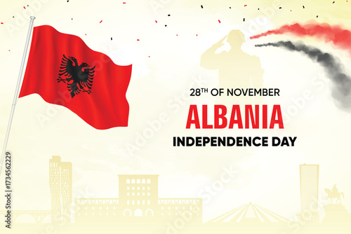 Albania Flag Waving With Army Soldier and Air Show On Skyline Background. Independence Day Concept Design Vector Illustration.