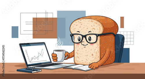 Animated toast character analyzing market trends while enjoying a cup of coffee at work