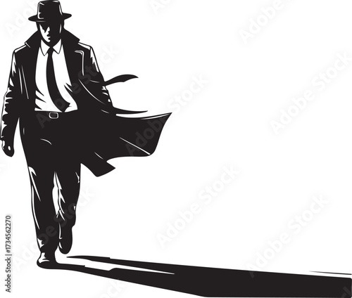 Silhouette of a man in a fedora and trench coat walking with a long shadow vector