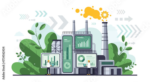 Vector illustration of sustainable industrial complex with digital displays showing financial data and charts, representing green technology and business
