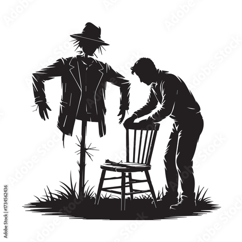 Vector art of silhouette of a man placing a chair in front of a scarecrow in a field