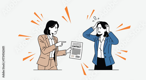 Vector illustration of two women arguing over a contract, one pointing accusingly at the document