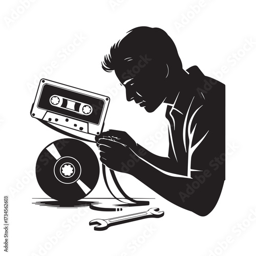 Vector art of silhouette of a man repairing a cassette tape with a wrench