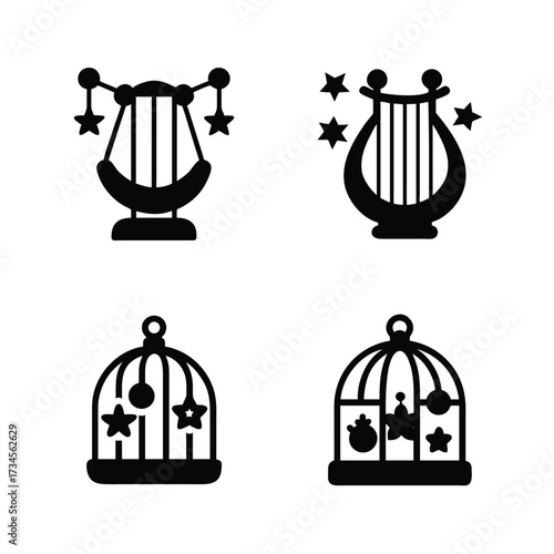 Whimsical Collection of Nursery Decor Icons Featuring Mobiles Harps and Playful Birdcages Symbolic of Childhood Innocence and Musicality