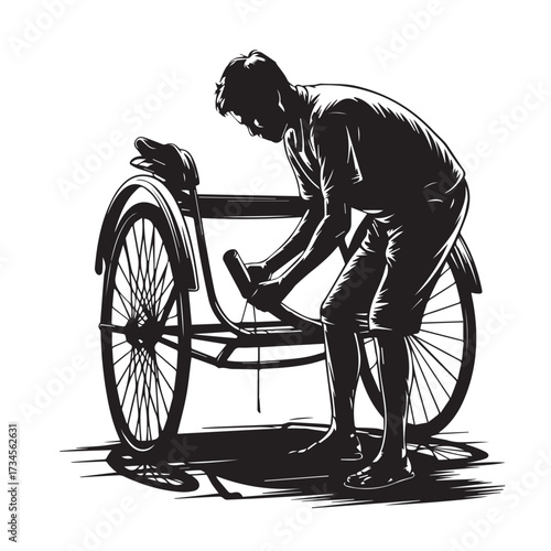 Vector art of silhouette of a man repairing a rickshaw