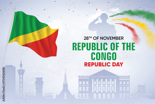 Republic of Congo Flag Waving With Army Soldier and Air Show On Skyline Background. Republic Day Concept Design Vector Illustration.