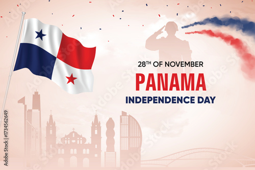Panama Flag Waving With Army Soldier and Air Show On Skyline Background. Independence Day Concept Design Vector Illustration.