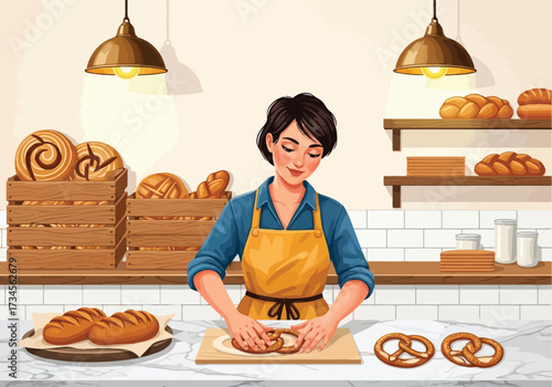 Vector illustration of baker kneading dough to make pretzels in a cozy bakery