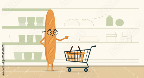 Cartoon baguette character with glasses shopping in a supermarket with shopping cart