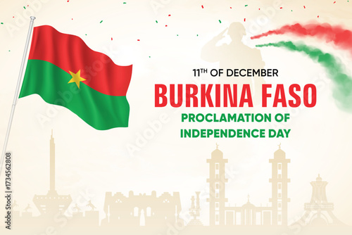 Burkina Faso Flag Waving With Army Soldier and Air Show On Skyline Background. Proclamation Of Independence Day Concept Design Vector Illustration.