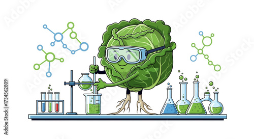 Cabbage scientist conducting a chemical experiment in a laboratory surrounded by glassware and