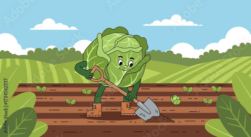 Cartoon cabbage character farming on a sunny day illustration in a field with plants