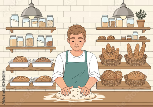 Vector illustration of a male baker kneads dough in front of shelves stocked with freshly baked bread and jars of ingredients, creating a warm and inviting bakery scene