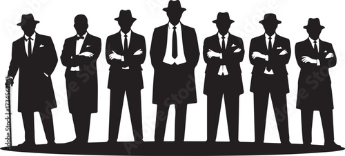 Seven black silhouette men in suits and hats standing in a line fedora
